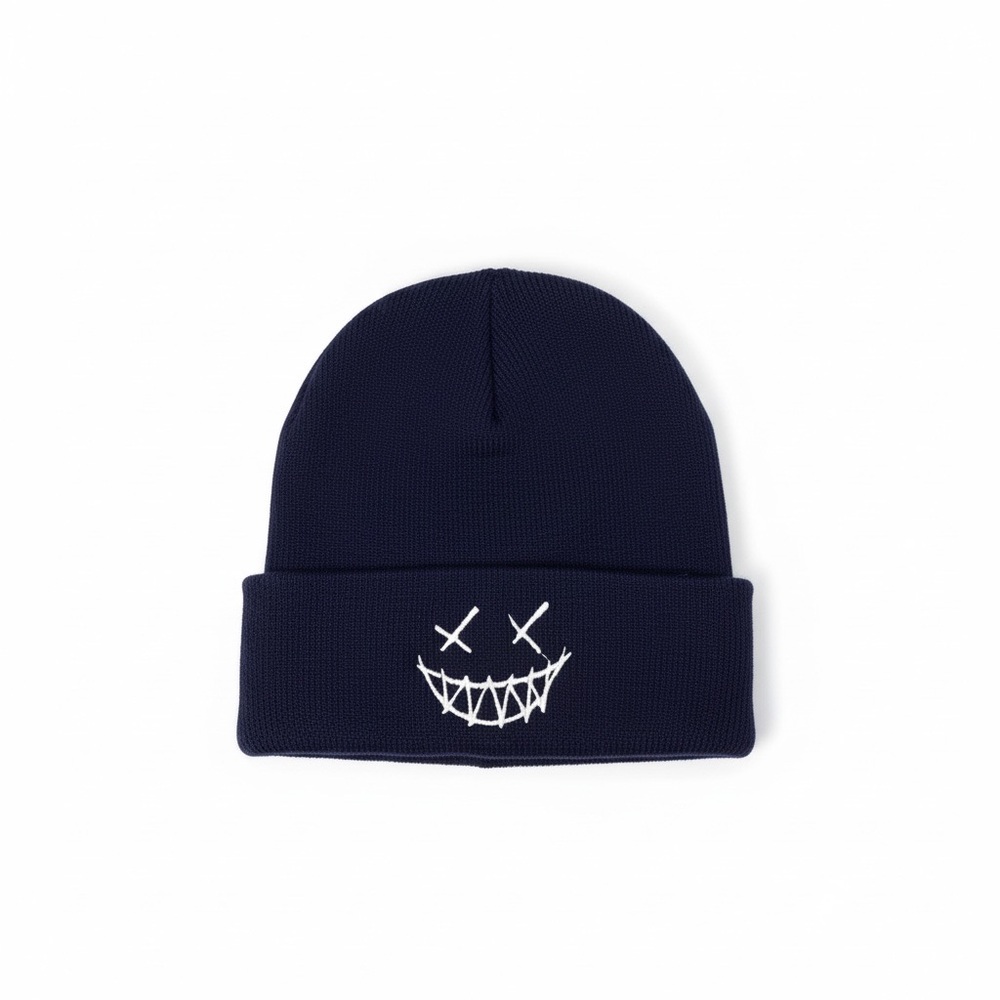 HOOLIGAN Knit Beanie Cap Hat Navy Blue White Stitch Detail Unisex Poly